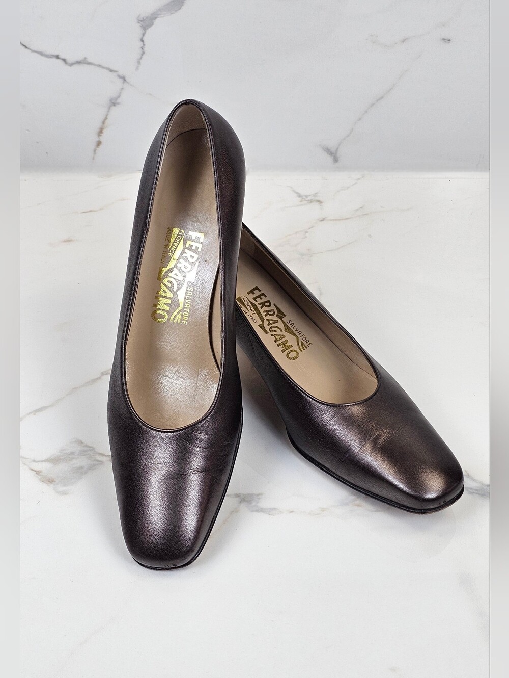 Salvatore Ferragamo Metallic Bronze Leather Square Toe Block Heel Pumps 8.5